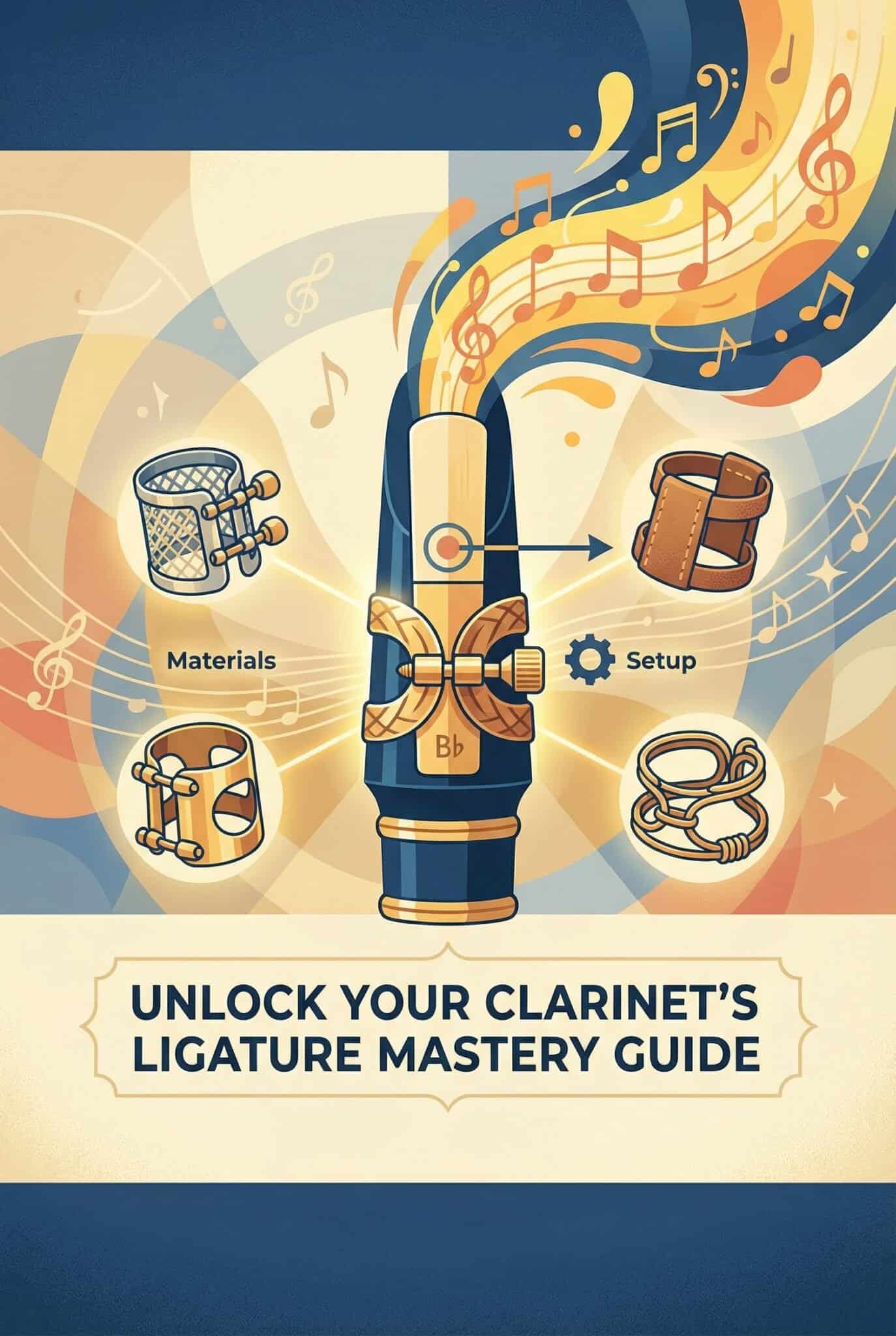 Clarinet ligature guide for tone, materials and setup
