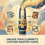 Clarinet Ligature Guide: Materials, Placement, Sound & Setup Enhanced clarinet ligature illustration highlighting materials and setup for optimal sound, with musical notes representing mastery.