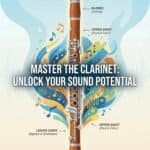 Illustration of clarinet parts, including mouthpiece, barrel, upper/lower joint, and bell, highlighting techniques for mastering sound and tone.