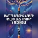 Bebop Clarinet: History, Techniques, and Practice Strategies for Modern Players High-quality illustration showing jazz musicians playing instruments at a lively event with vibrant colors and musical notes, perfect for promoting jazz clarinet masterclasses and music education programs.