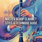 Image features a colorful, artistic illustration of a clarinet with musical notes and sound waves, highlighting the expertise in clarinet crafting and music education from Martin Freres Company.