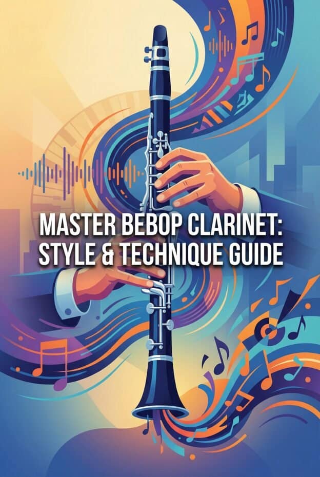 Buddy DeFranco and the Bebop Clarinet: Style, Technique, and Practice Guide 1 Image features a colorful, artistic illustration of a clarinet with musical notes and sound waves, highlighting the expertise in clarinet crafting and music education from Martin Freres Company.