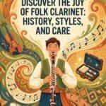 Clarinet in Folk Music: History, Styles, Technique and Care Vibrant folk clarinet with accompanying guitar, accordion, and percussion in a colorful design highlighting the rich history and styles of folk clarinet care.