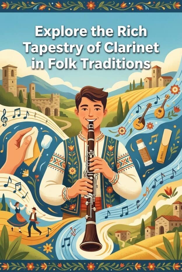 Vibrant artwork celebrates traditional folk clarinet music with scenic landscapes, musicians, and folk dancers highlighting rich cultural heritage and musical craftsmanship.