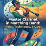 Detailed image of a marching band member playing the clarinet during a parade or event. Includes band uniforms, musical notes, and marching band elements.