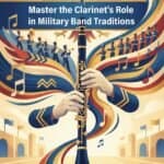 Clarinet in Military Bands: History, Function, and Practical Guidance Illustration of a clarinet being played by a conductor with a marching band, musical notes, and flag motifs, emphasizing military band traditions and clarinet mastery.