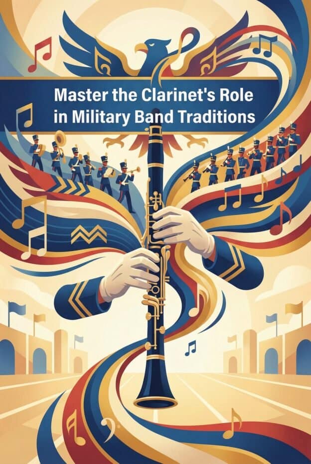 Clarinet in Military Bands: History, Function, and Practical Guidance 1 Illustration of a clarinet being played by a conductor with a marching band, musical notes, and flag motifs, emphasizing military band traditions and clarinet mastery.