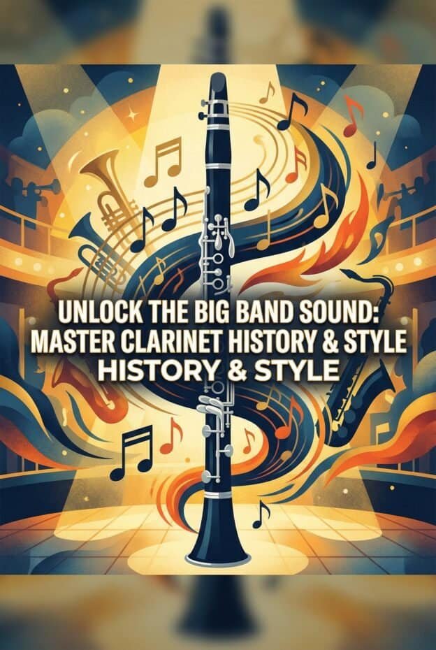 Vibrant illustration of a clarinet with musical notes and swirling colors, capturing the essence of music history and style, perfect for promoting Master Clarinet expertise.