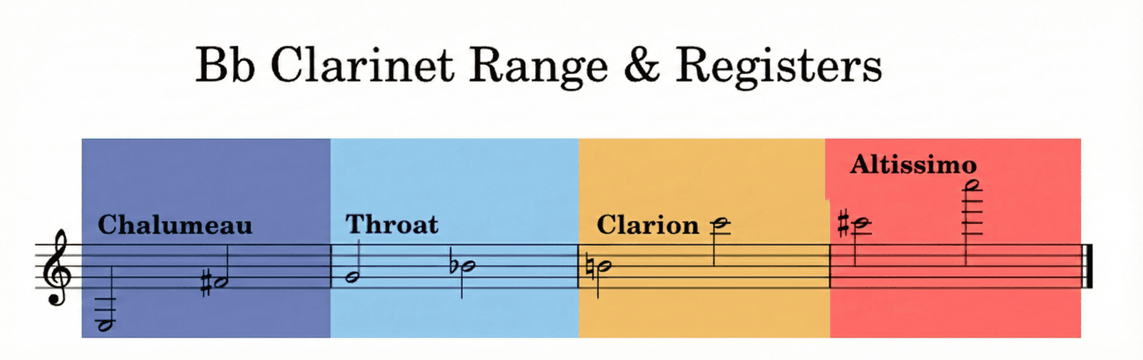 Bb Clarinet range chart showing music notation for Chalumeau, Throat, Clarion, and Altissimo registers.
